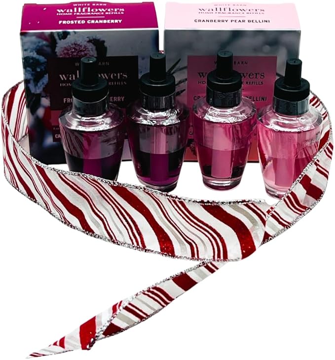 Bath &amp Body Works FROSTED CRANBERRY &amp CRANBERRY PEAR BELLINI Wallflowers Home Fragrance Refill 2pc bundle Gift Set with 30-Inch Red &amp White Candy Cane-Striped Holiday Ribbon Bow – Winter S