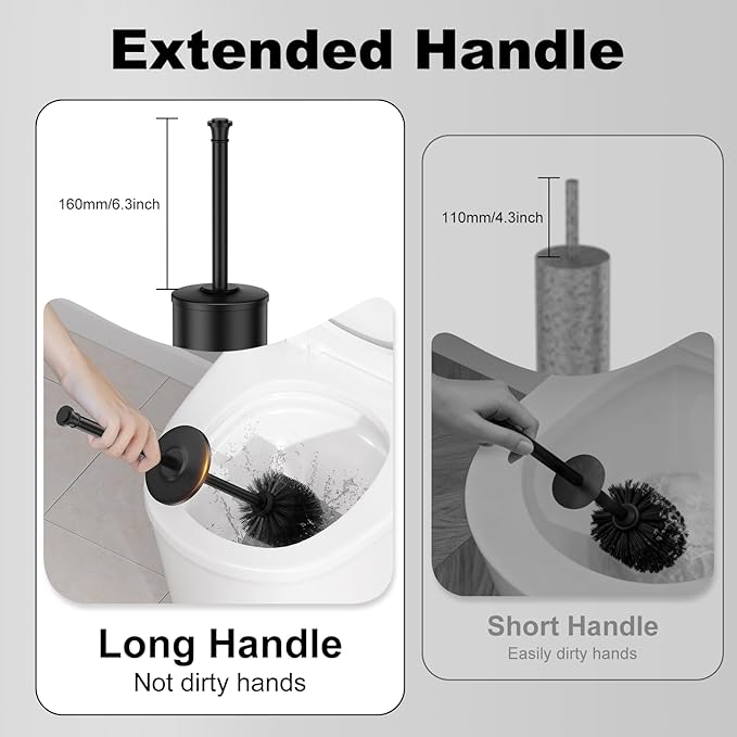 Black Toilet Brush and HolderExtra Long Handled Toilet Brush for BathroomStainless Steel Heavy Duty Toilet Bowl BrushRemovable Inner BowlDeep Cleaning Dense Bristles Cleaner Brush -Space Saving