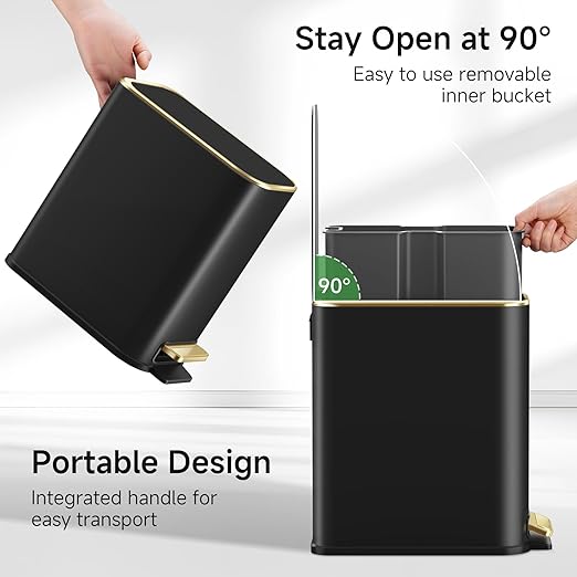 TIPGO Small Bathroom Trash Can with Lid Soft Close Step Pedal 5 Liter / 1.3 Gallon Stainless Steel Trash Bin Slim Garbage Cans for Toilet Office Bedroom (Black)