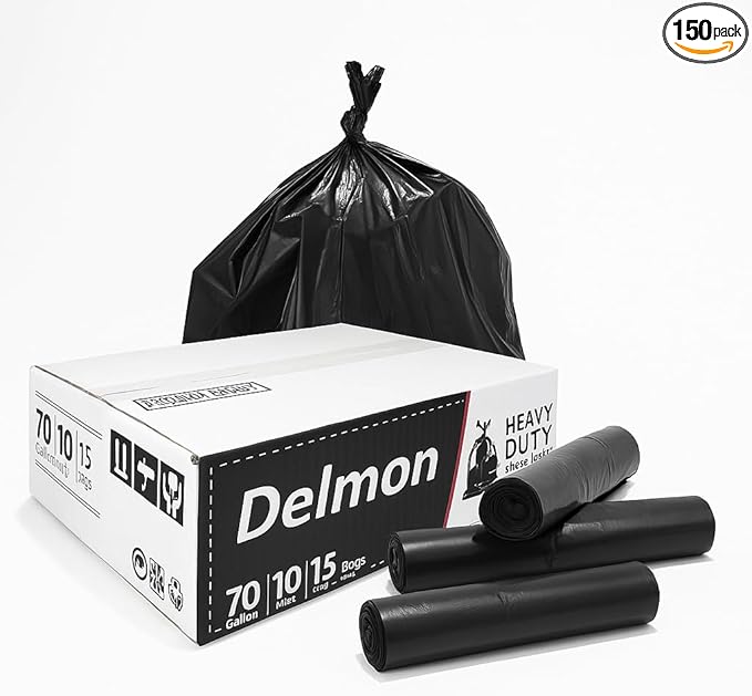 Delmon Trash Bags - 150 Bags / 10 Rolls Carton - 70 Gallons - Thick and Heavy Duty Trash Bag for Commercial Home &amp Kitchen UseFits Toter Curbside Bins - W 43” L 48” Thickness 0.87MIL