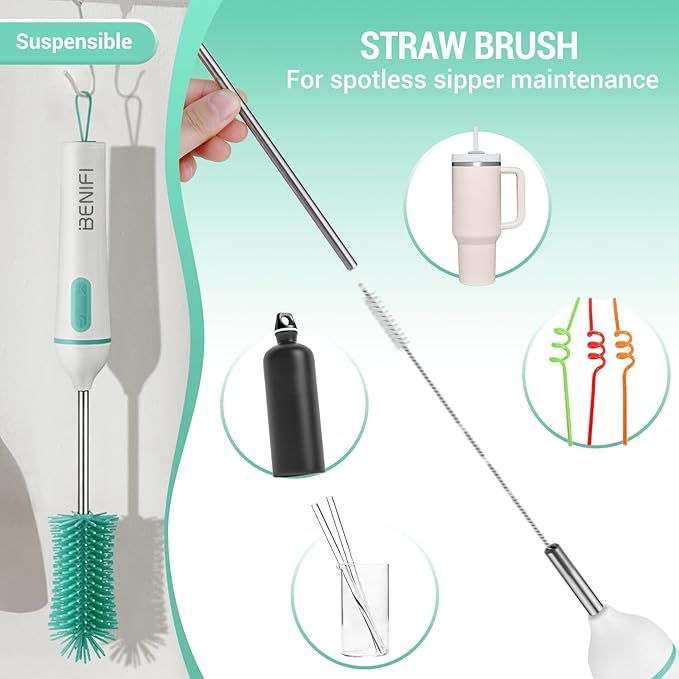 Travelling Electric Bottle Brush Cleaner Baby Bottle Brush Set Fully Water -Proof Bottle Brush Long Handle Brush BPA Free Silicon Brush Heads Drying Stand Milk Mixer Egg Whisk Included
