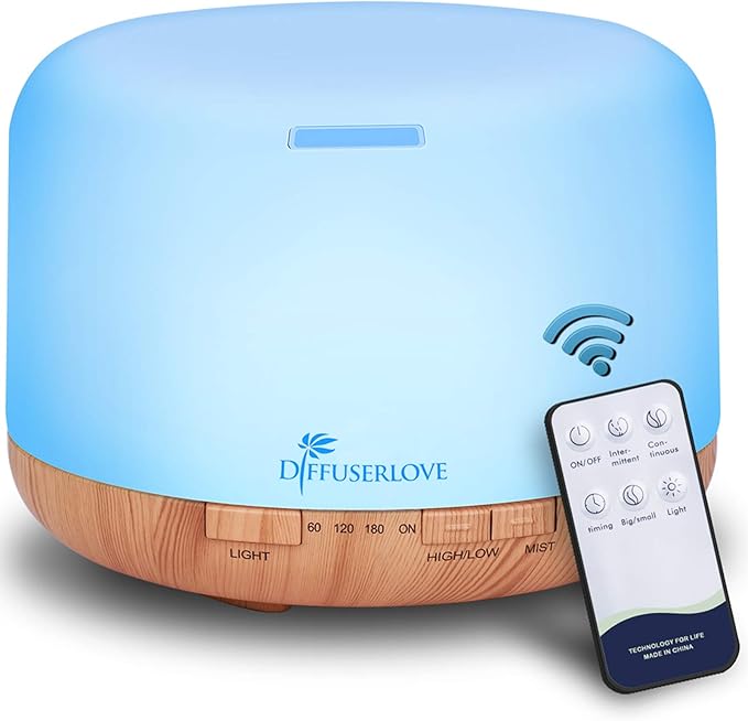 Diffuserlove Diffuser Essential Oil Diffusers 500ML Remote Control Aroma Diffuser Cool Mist Aromatherapy Diffuser with Mute Design Timer and Auto Shut-Off for Office Living Room Yellow