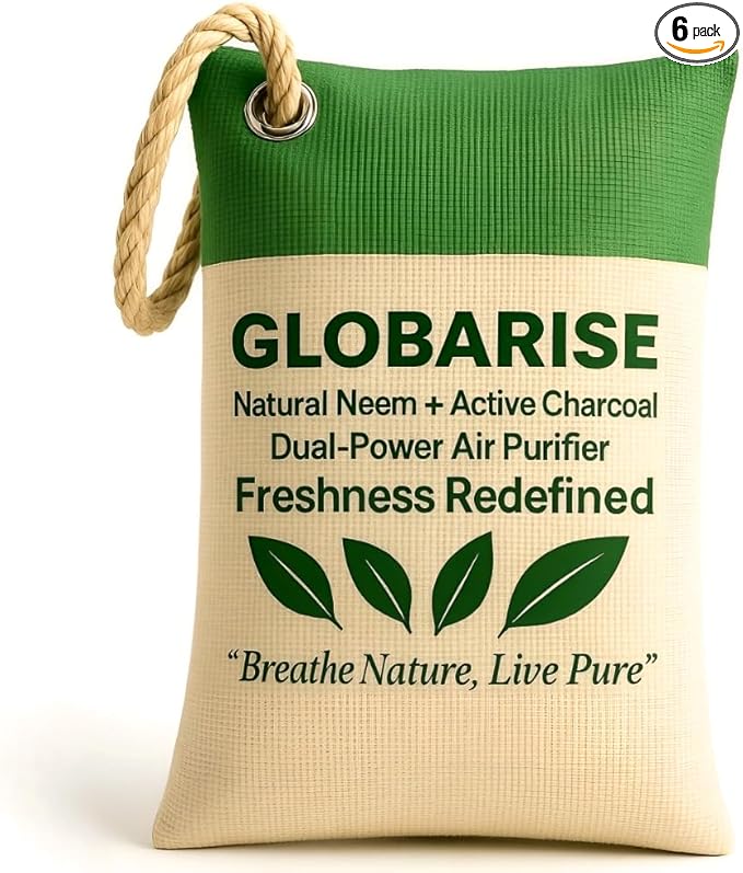GlobaRise™ Dual Power Charcoal + Neem Odor Absorber Bags Natural Air Purifier Bags for Home Car Shoes &amp Pets | Activated Charcoal Deodorizer Eliminator | Eco-Friendly &amp Reusable | 100g Pack
