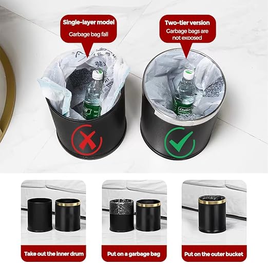 14L/3.7GAL Black and GoldTrash canOpen Top Metal Office WastebasketGold Trash bin Without lid for OfficeHotelStoreRestaurant(Black 14)