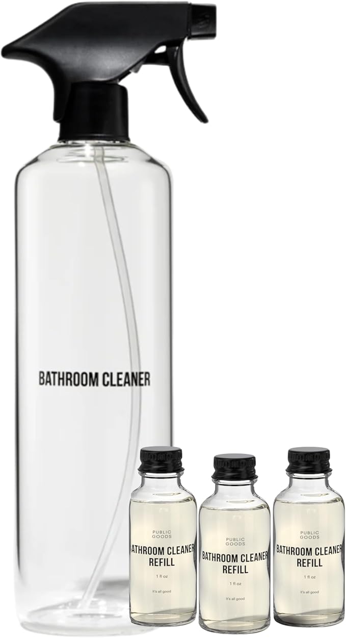 Public Goods Bathroom Cleaner Refill &amp Glass Spray Bottle | Refill Concentrate for Toilets Tile Showers | Cruelty Free | Scented w/Lemon Rosemary Essential Oils | 3 Pack - 24 Oz Diluted