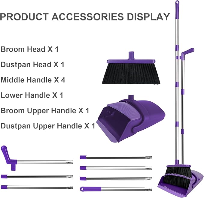 Purple Broom with Dustpan Combo Set 51 Long Handle Household Cleaning Tool Ideal Broom and Dustpan Set for Pet Hair and Home Use