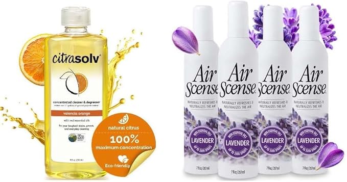 Citra Solv &amp Air Scense | Special Bundle | Concentrated Cleaner &amp Degreaser 8 fl oz| Essential Oil Air Freshener 7 fl oz Lavender 4PK | Household Cleaner Non-Aerosol | Valencia Orange &amp La