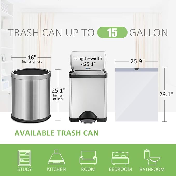 15 Gallon 120 Counts Strong Drawstring Trash Bags Garbage Bags by Teivio Bathroom Trash Can Bin Liners Plastic Bags for home office kitchen White