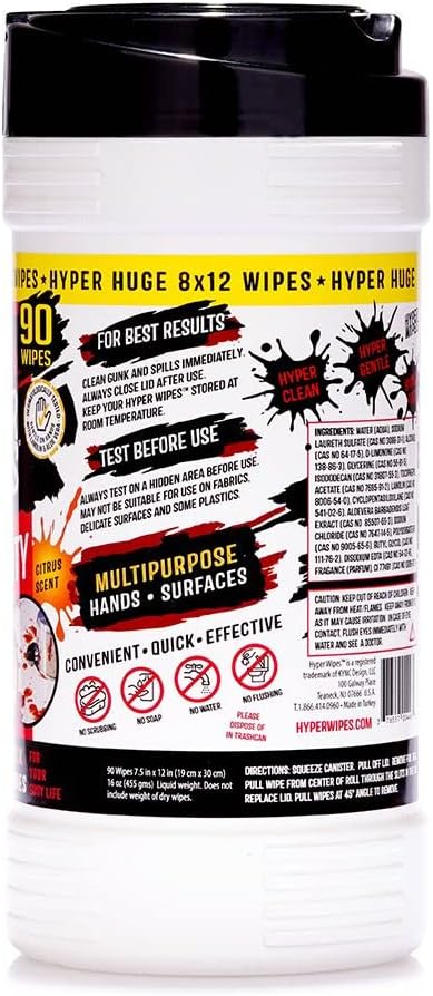 Hyper Wipes 6 Pack Heavy Duty Hand &amp Tool Cleaning Wipes 8x12 Size Multi-Surface Cleaning Wipes Degreasing All Purpose Cleaner Bathroom Mechanic Work Surface Wipes 540 Count Canister