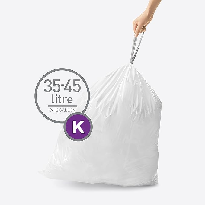 simplehuman Code K 200 Count Dispenser Pack Custom Fit Liners Drawstring Trash Bags 35-45 Liter / 9-12 Gallon White