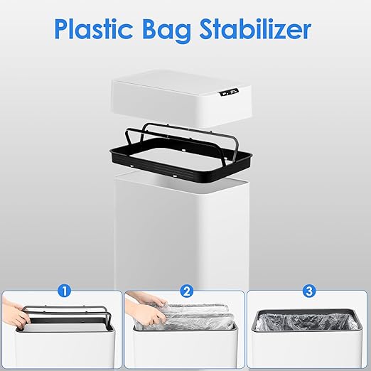 TLSUNNY 13.2 Gallon Automatic Trash Can Stainless Steel Motion Sensor Garbage bin Smart Trash Can W/Butterfly Lid Bag Retainer Ring and Display Light for Living RoomKitchenOffice (White 50L)