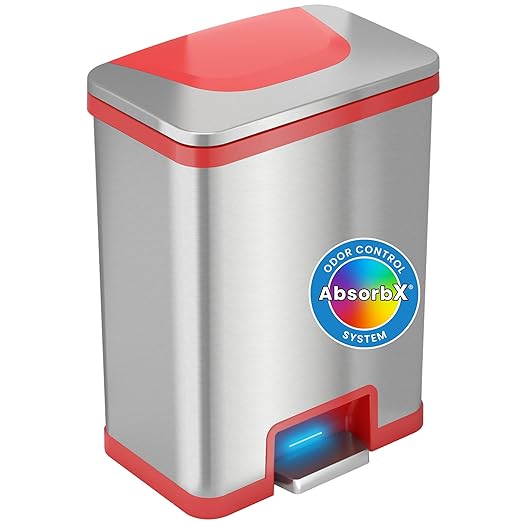 iTouchless 13 Gallon Automatic Step Sensor Trash Can with Odor Control System Stainless Steel Kitchen Pedal Touchless Garbage Bin Powered by Batteries or AC Adapter (not Included) Autostep Red Mo