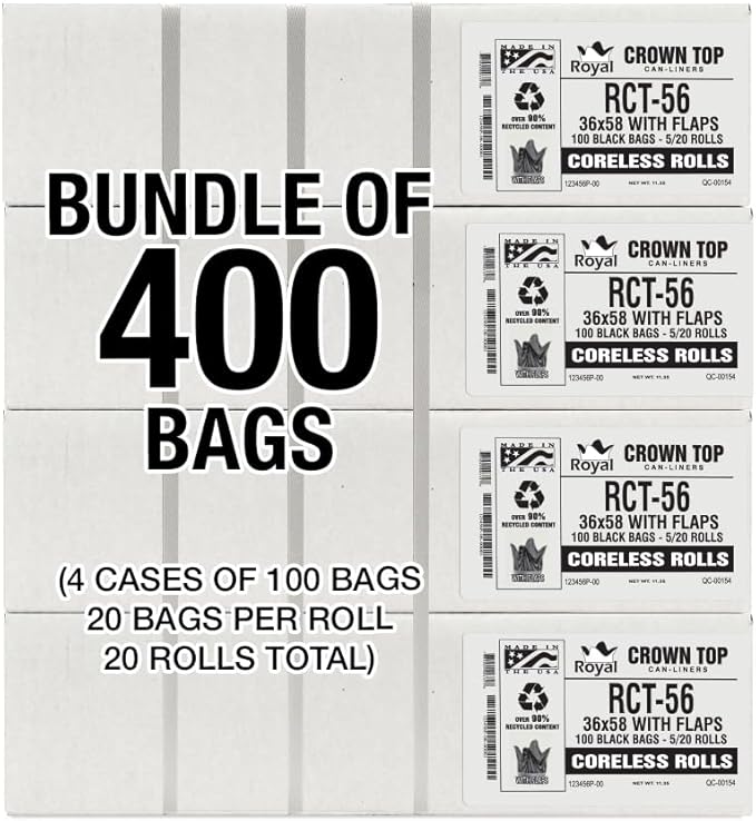 Aluf Plastics RCT-56 Star Sealed Coreless Rolls with E-Z Tie Flap Closure 56 gal Polyethylene 43 x 46 Black (Pack of 400)