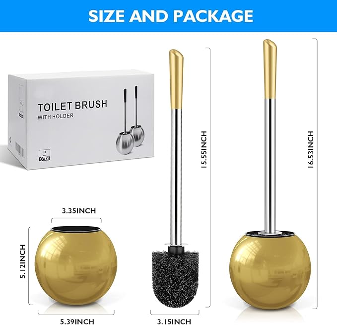 Toilet Brush and Holder 2 Pack 304 Stainless Steel Toilet Brush with Extended and Durable Comfortable Brush Handle Toilet Bowl Brush for Bathroom Toilet - Ergonomic Pratical Durable (Gold)