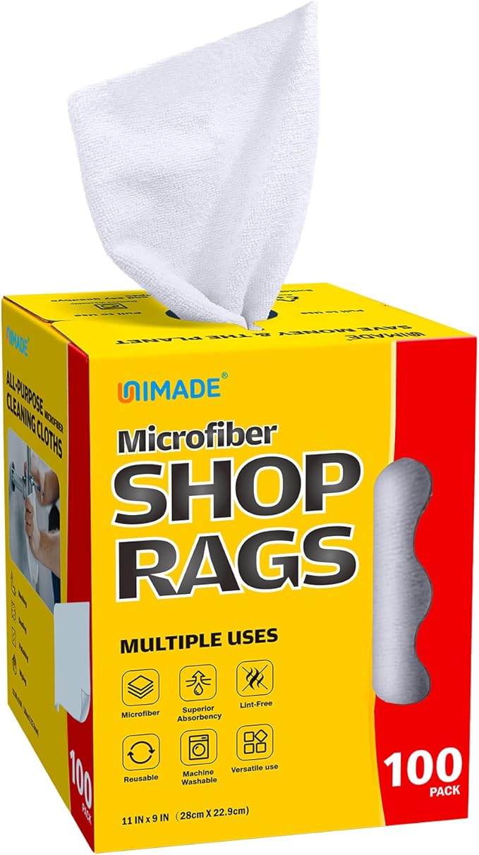 Shop Rags 100 Sheets Microfiber Cleaning Cloth Commercial Grade Washcloths Lint-Free Bulk Shops Towels for Cars Mechanic Restaurant Garage Housekeeping 11x 9 White