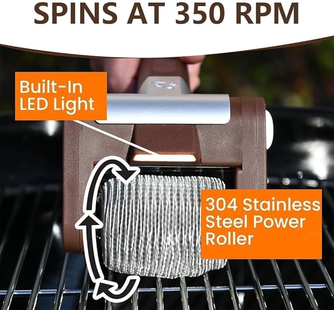 Electric Grill CleanerElectric Grill Cleaner Bristles Free304 Stainless Steel Power RollerDishwasher-Safe Head350 RPM High-Speed Cleaning