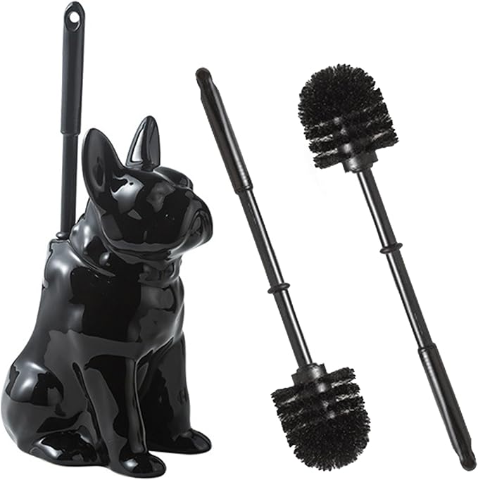 2026 Ceramic Dog Toilet Brush Holder Set French Bulldog Design with 2PCS Durable Plastic Brush Modern Bathroom Accessories (Black)