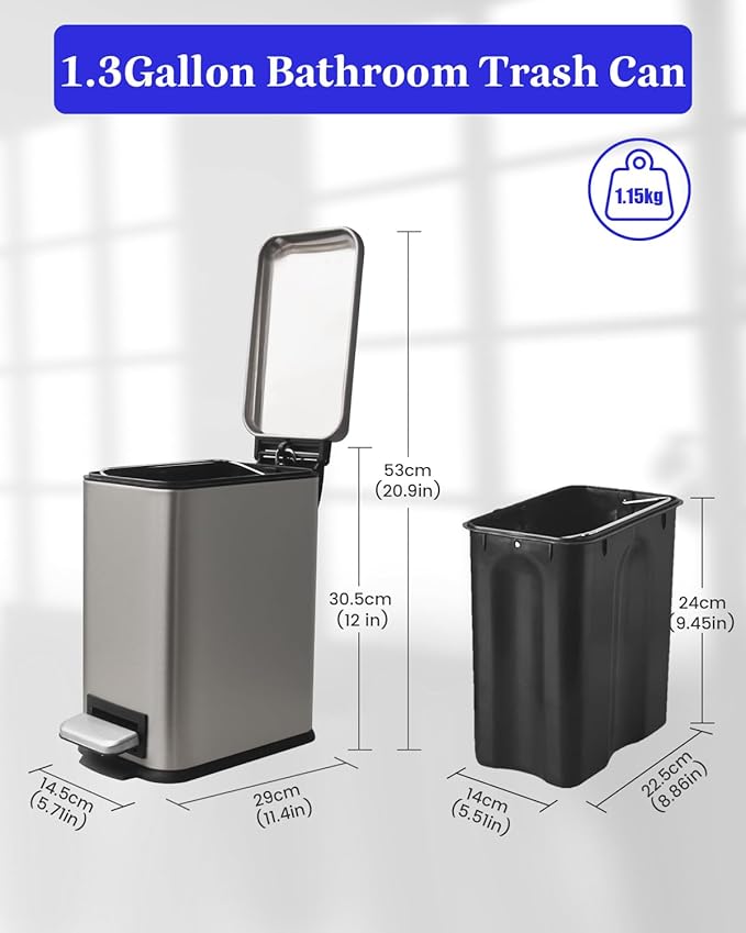 Bathroom Trash Can with Lid5 Liter / 1.3 Gallon Small Trash Can with Removable Liner Soft Close lid &amp Step Pedal Stainless Steel Trash Bin for BathroomBedroomHome Office Kohler Grey