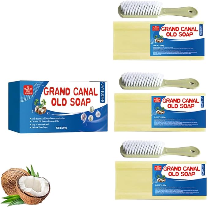 Canal Old Soap with Brush2024 New Canal Soap Bar for Stains Canal Soap Bar Stain Remover Easily Remove Stains from Clothes Grand Canal Soap for Clothes Shoes And Any Stains. (3PCS)