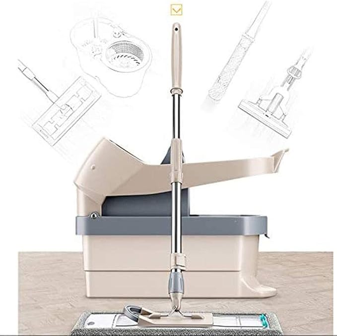 Gray Floor Mop  Professional Flat Squeeze Pads for Wet Dry Cleaning Stainless Steel Handle and 360 Degree Swivel