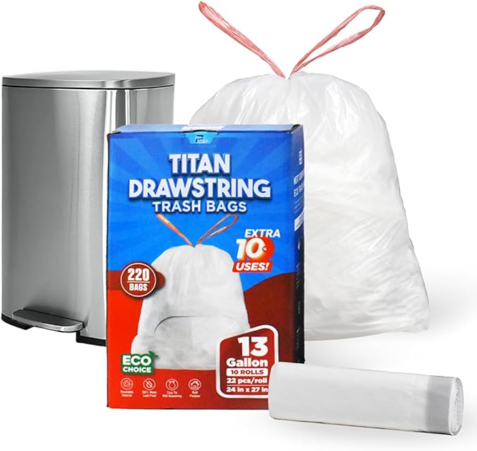 13 Gallon Heavy-Duty Trash Bags 220 Pack – Tear-Resistant Drawstring Bags for Kitchen Office and Commercial Applications