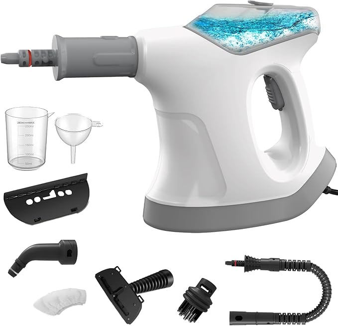 Handheld Steam Cleaner for Home 10S Immediate Heat Hand Held Steam Cleaner with Visualized Large Water Tank &amp 9 PCS Accessories &amp Safety Lock for KitchenCouchFloorWindowCar (WHITE+GREY)