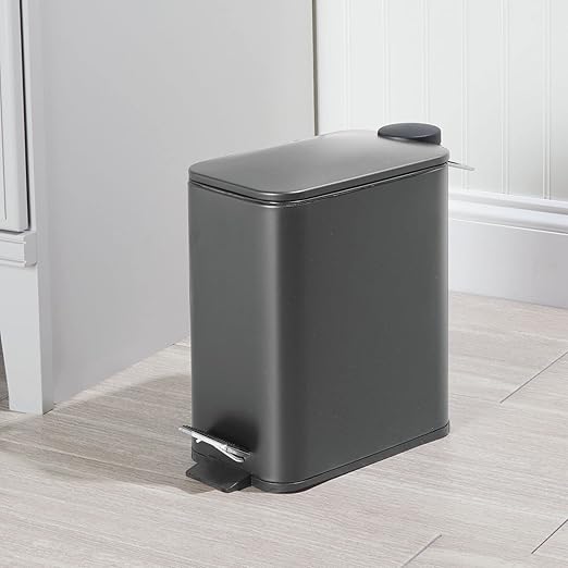mDesign Rectangular Pedal Bin – 5 L Metal Waste Bin with Pedal Lid and Plastic Bucket Insert – Household Rubbish Bin for Bathroom Kitchen and Office – Dark Grey