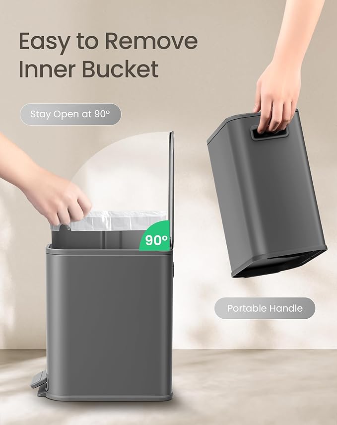 Cesun Small Bathroom Trash Can with Lid Soft Close Step Pedal 5 Liter / 1.3 Gallon Stainless Steel Garbage Can with Removable Inner Bucket Waste Basket for Bathroom Bedroom (Gray)