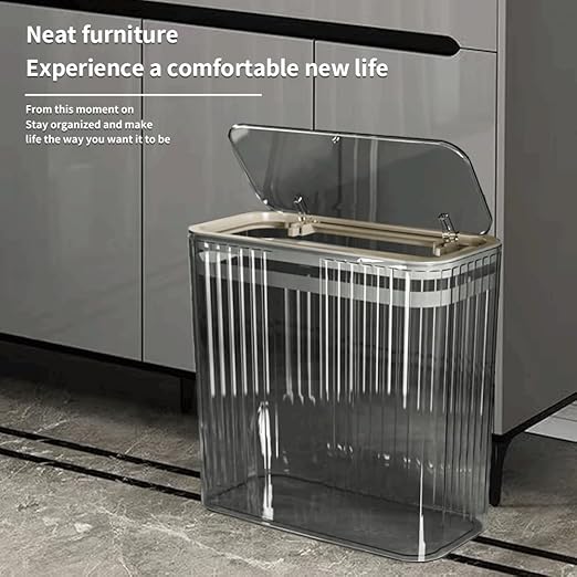 Bathroom Trash Can with Lid3.5 Gallon Garbage Canfor Bedroom Office Plastic Slim Waste Basket with Press Top Lid 15l Clear Trash Bin for Home Slim Trash Bin Clear Kitchen(Gray)