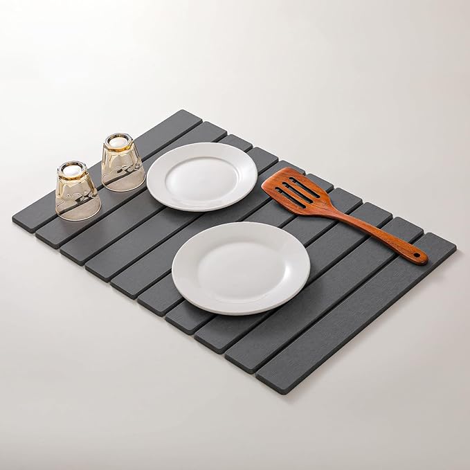 Large Stone Drying Mat for Kitchen Counter 24''L x 16''W Diatomaceous Earth Collapsible Dish Drying Mat Quick Drying Mat Glasses and Flatware Matches Any Countertop (Dark Gray 24'' x 16'')