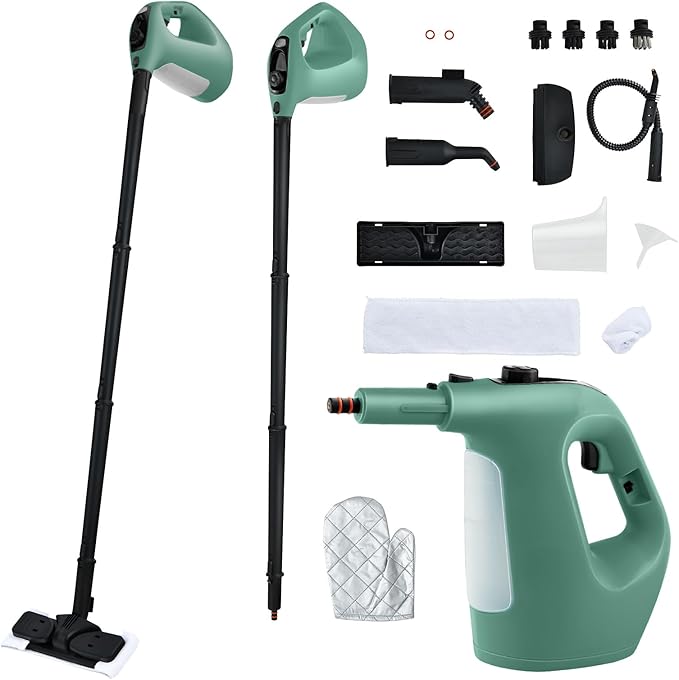 Handheld Steam Cleaner 1400W Pressurized Steamer with 17 Pieces Accessory Set &amp Child Lock Multipurpose Portable Steam Mop for Home Use Floors Windows Cars Sofas (Green)
