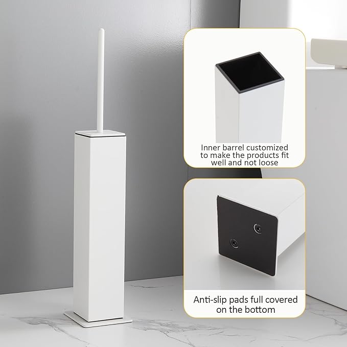 Toilet Brush and Holder Floor Standing White with 2 Replaceable Heads Bathroom Toilet Brush Freestanding Toilet Bowl Brush with Removable Liner and Splash Guard Modern Square Design