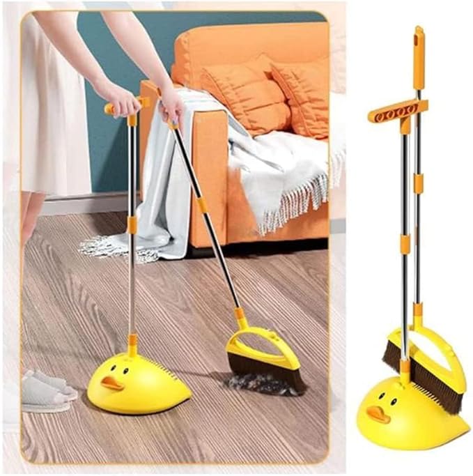 Cute Duck Cleaning Broom and Dustpan Set with Long Handle Stand Up Broom and Dustpan for Home Kitchen Room Office Outdoor Indoor (Yellow)