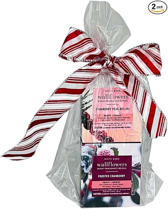 Bath &amp Body Works FROSTED CRANBERRY &amp CRANBERRY PEAR BELLINI Wallflowers Home Fragrance Refill 2pc bundle Gift Set with 30-Inch Red &amp White Candy Cane-Striped Holiday Ribbon Bow – Winter S