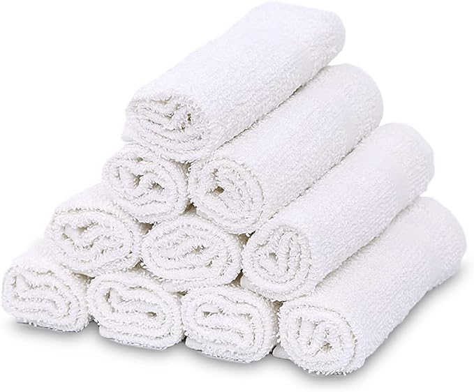GOLD TEXTILES 120 Pack Economy White Washcloths Set (12x12 inches) - Cotton Blend Commercial Grade Cleaning Rags Quick Drying &amp Soft Face Cloths Fingertip Towels for Bathroom Spa Gym and Kitc
