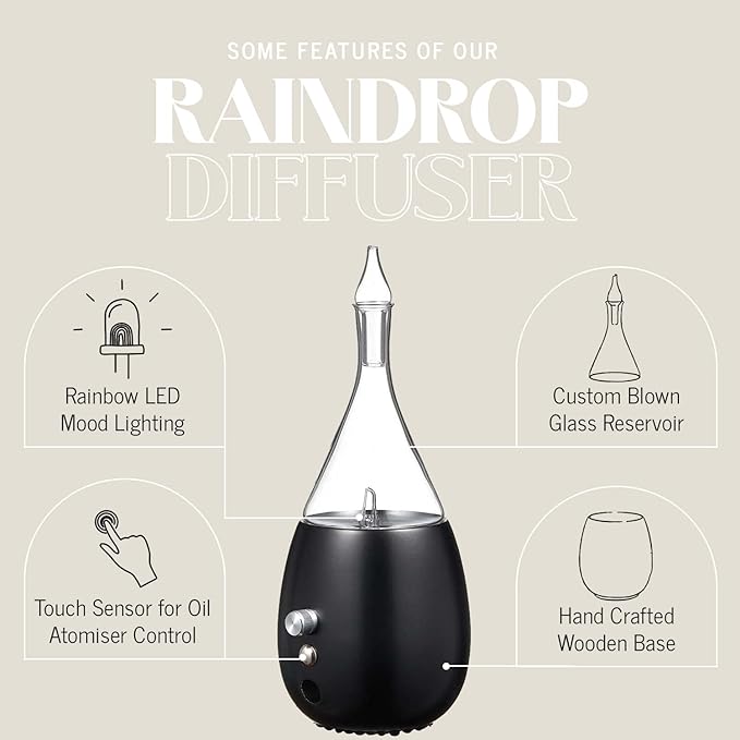 Raindrop 2.0 Aromatherapy Diffuser for Essential Oil Waterless Glass Nebulizer w/Auto-Off Switch BPA Free - Black