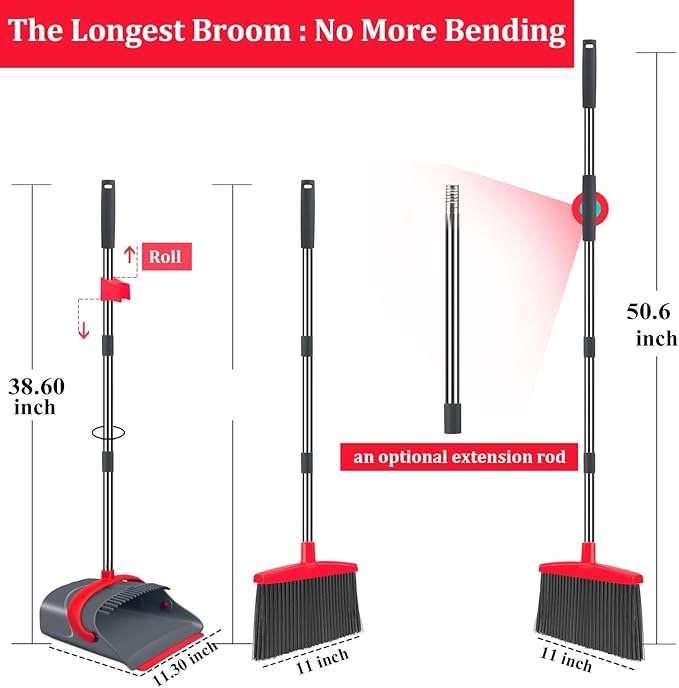 Broom and Dustpan SetBroom with Dustpan Combo Set Dust pan with Long Handle for Home Kitchen Room Office Lobby Floor Use Upright Stand Up(Gray&ampRed)