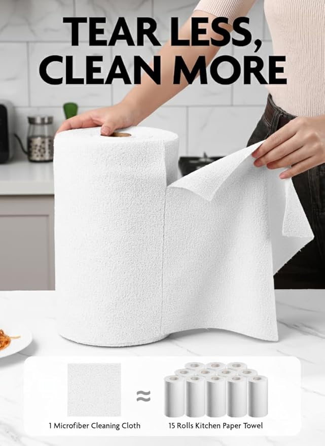 Fantasticlean Microfiber Cleaning Cloth Roll -150 Pack Tear Away Microfiber Towels 12 x 12 Reusable Washable Ultra Absorbent Dishcloth for All-Around Cleaning Supplies (White &amp Dimgrey)