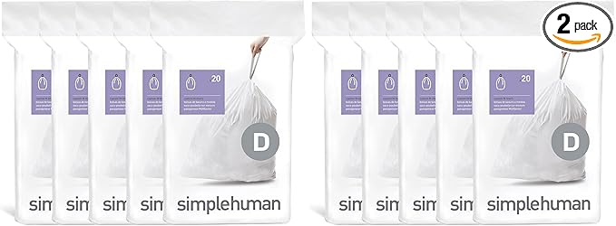 simplehuman Code DDispenser Pack Custom Fit LinersDrawstring Trash Bags20 Liter / 5.3 GallonWhite100 Count (Pack of 2)