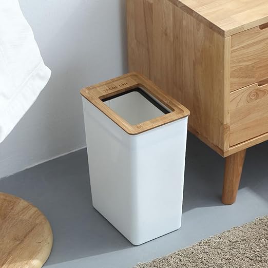 BESPORTBLE Large Wastebasket with Wooden Lid Kitchen Trash Bin with Built-in Press Ring Ash Bin for Home and Bathroom Storage Practical Waste Container Size L