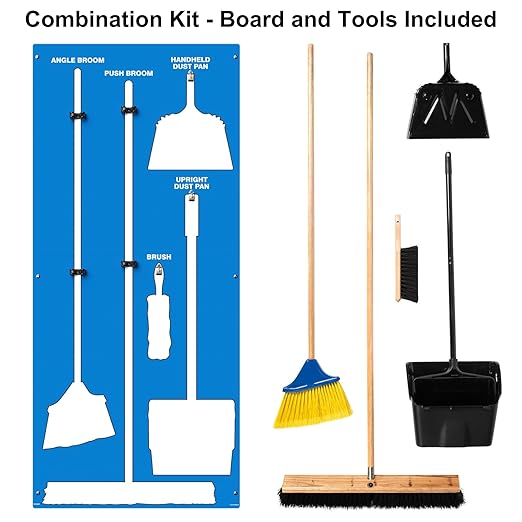Clean &amp Sweep 5S Shadow Board/Wall Mount Broom Holder 68 x 30 Board 5S Cleaning Station - with Broom and Dustpan Set Included Made in The USA by AccuformNMC Blue/White PSB716BUWT