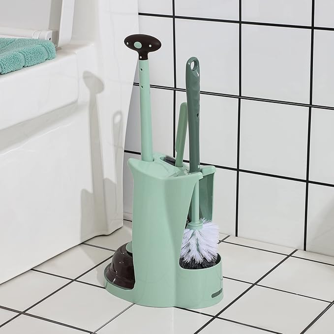 Cq acrylic Toilet Brush and Plunger SetGreen 3 in 1 Bathroom Scrubber Plunger and Angled Toilet Bowl Brush &amp Scrubber Combo with Holder and Rim Cleaner for CamperRvApartmentNew HomeSet of 1
