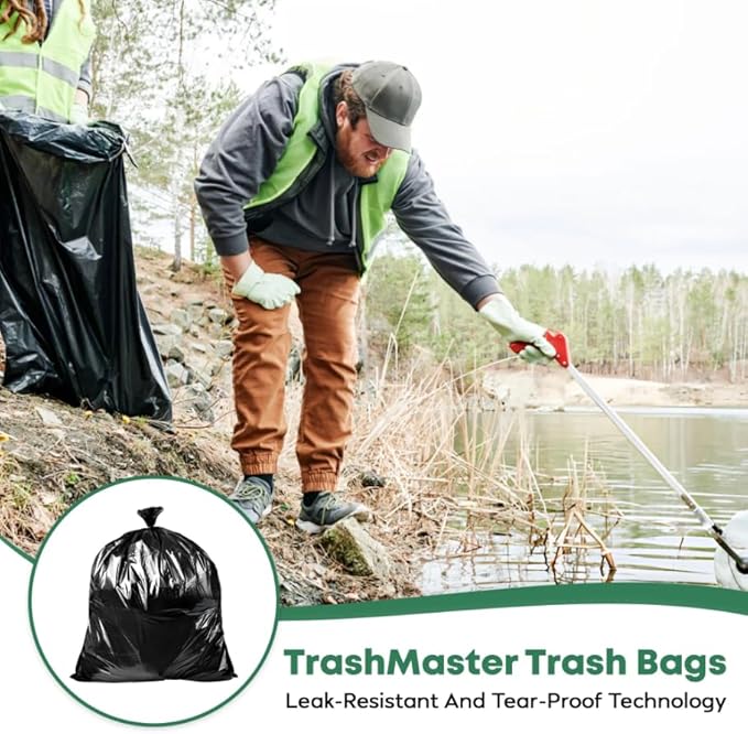 65 Gallon Contractor Heavy Duty Garbage Bags | 50 Bags w/Ties | X-Large 3 MIL Thickness | For Large Commercial Jobs | Construction Clean Up | Trash bags for Yard Clean up - TrashMaster (50)