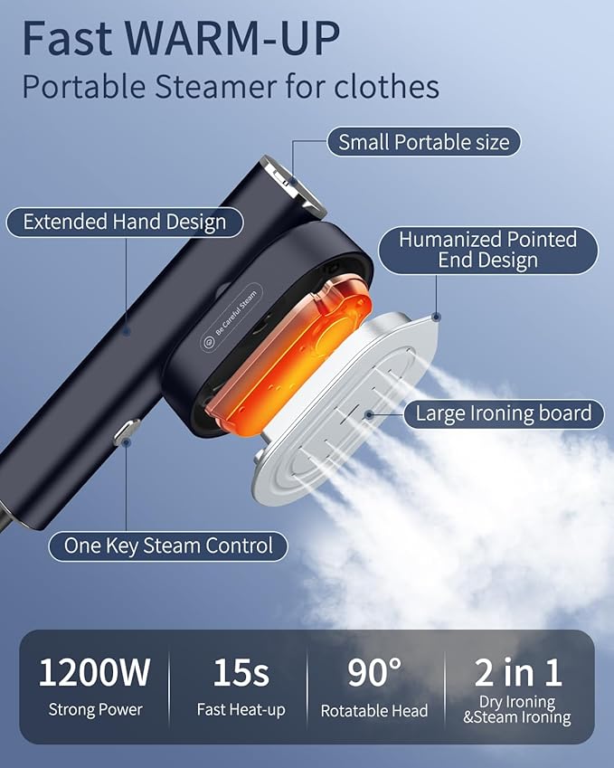 Clothes Steamer 1200W Clothing Steamer Hand Held Steamer Fast Wrinkle Removal Lightweight Mini Clothes Iron Travel Steamer for Clothes Compact Hand Steamer for Home- Black 110-120V
