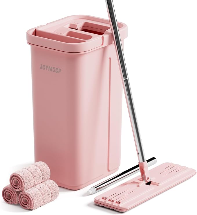 JOYMOOP Pink Mop and Bucket with Wringer Set for Home with 3 Reusable Microfiber Mop Pads Hands-Free Self-Cleaning System Suitable for Floor Cleaning and Wall Cleaner