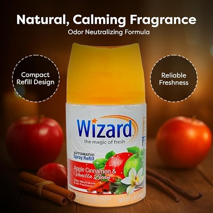 12 WIZARD AUTOMATIC SPRAY REFILLS 5 oz VARIETY PACK 4 EACH APPLE VANILLA-AUTUMN BREEZE-TROPICAL CITRUS