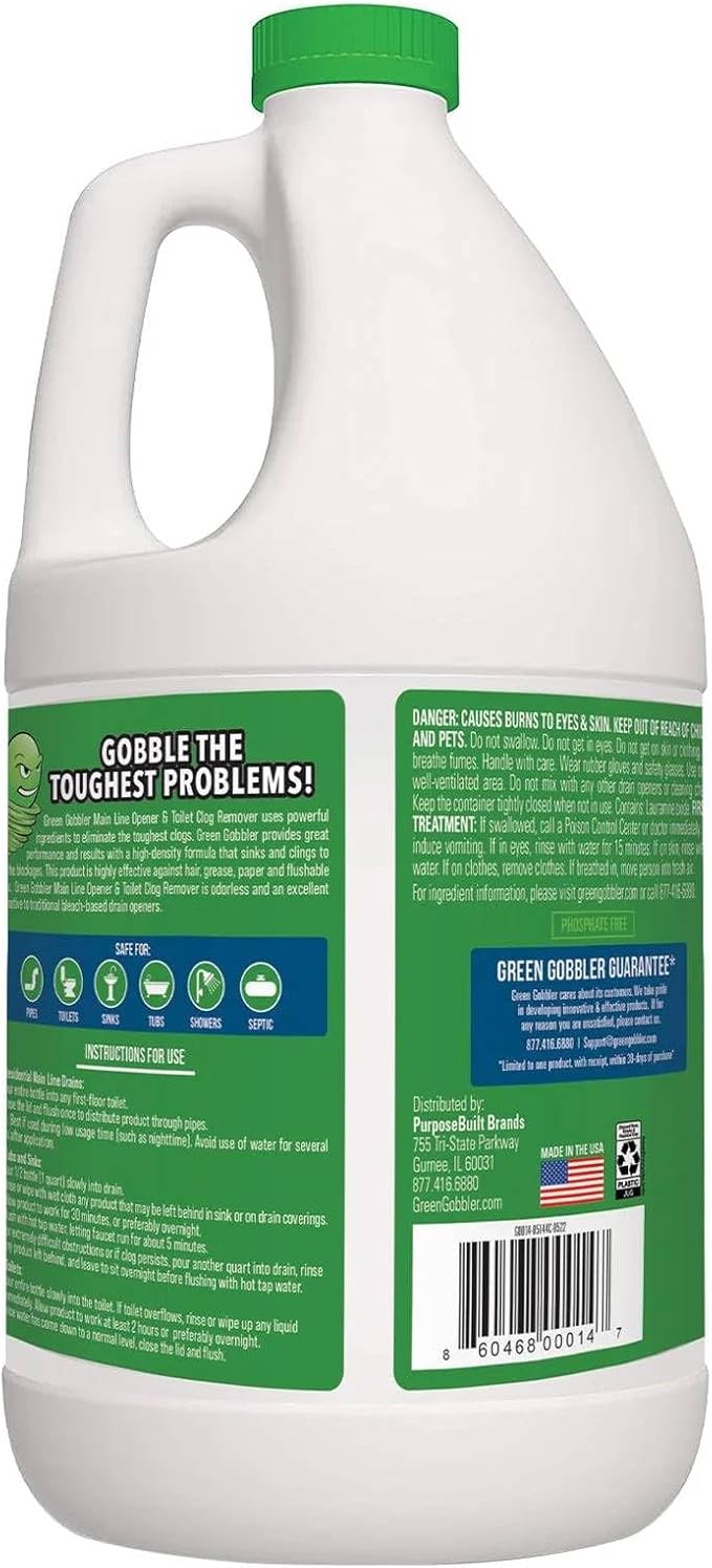 Green Gobbler Ultimate Main Drain Opener | Drain cleaner Hair Clog Remover | Works On Main Lines Sinks Tubs Toilets Showers Kitchen Sinks | 64 fl. oz.