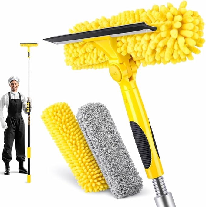 36FT High Reach Window Squeegee with Extension Pole 2-1 Window Washing Kit with 8-Stage Telescopic Pole &amp Rotatable Head No-Ladder Window Cleaner for High Window Solar Panel RV &amp Outdoor G