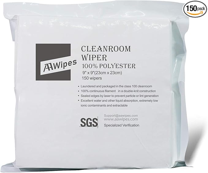 AAWipes Cleanroom Cloth Wipes 9x9 (Bag of 150 Pcs) Double Knit 100% Polyester Wipers Lint Free Cloths with Ultra-fine Filaments Laser Sealed Edge Class 100 Cloths Ultra-soft Wipes CP14009