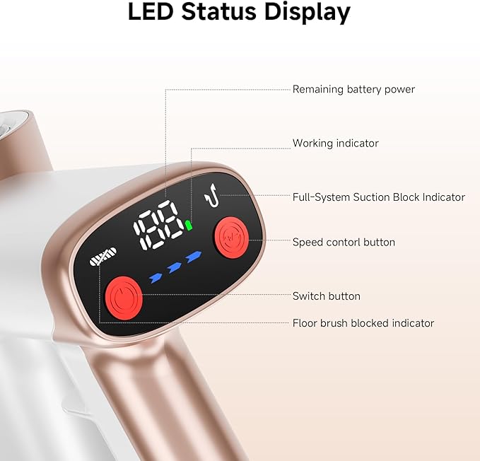 Cordless Vacuum Cleaner Powerful Suction Vacuum Cleaners for Home Stick Vacuum Cordless with LED Display Anti-Tangle &amp Wall Mount 8 in 1 Lightweight Vacuum for Hard Floors Pet Hair(Gold)
